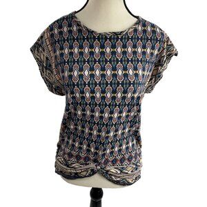 Lucky Brand Top Womens S Boho Geometric Print Short Sleeve Knot Hem Blouse
